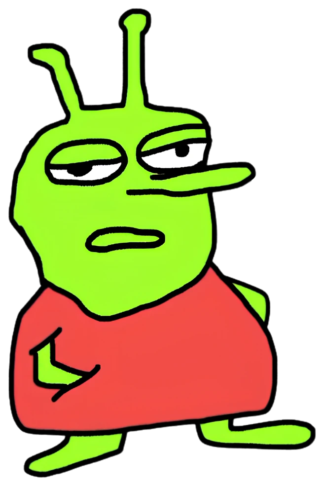 Gump, a green alien-bug creature in a red shirt, standing with a deadpan expression