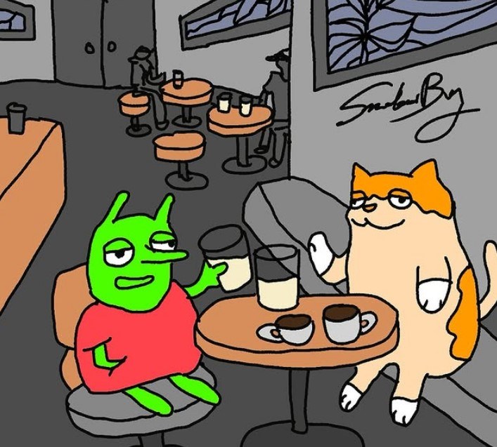 Gump having coffee at a cafe table with a cat friend