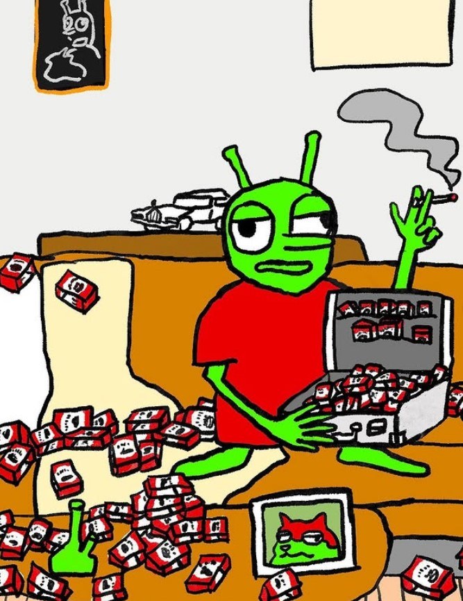 Gump sitting in a room surrounded by stacks of cash, smoking